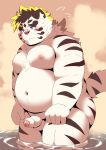  2020 absurd_res anthro balls bathing belly blue_eyes blush butt felid fur genitals hi_res humanoid_genitalia humanoid_hands humanoid_penis kemono licho_(tas) male mammal moobs navel nipples overweight overweight_male pantherine penis ptcmtr solo tiger tokyo_afterschool_summoners video_games water white_body white_fur 
