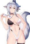  1girl absurdres animal_ears ass_visible_through_thighs azur_lane bangs bare_shoulders bikini black_bikini black_choker breasts choker cleavage commentary_request eyebrows_visible_through_hair fox_ears fox_mask fox_tail hair_between_eyes halterneck highleg highres large_breasts liangfen232 long_hair looking_at_viewer mask mask_on_head navel revision simple_background solo swimsuit tail thigh_strap tosa_(azur_lane) tosa_(hometown_zest)_(azur_lane) two-tone_bikini white_background white_bikini 