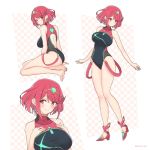  1girl bangs bare_arms bare_legs barefoot black_swimsuit blush breasts chest_jewel collarbone earrings from_behind gem highres homura_(xenoblade_2) jewelry large_breasts long_legs looking_at_viewer looking_back mochimochi_(xseynao) multiple_views one-piece_swimsuit red_eyes red_hair short_hair smile swept_bangs swimsuit tiara white_background xenoblade_(series) xenoblade_2 