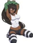  1girl absurdres arms_behind_head arms_up artist_name bike_shorts black_hair black_legwear blush breasts chuunioniika cleavage commission dark_skin eyebrows_visible_through_hair highres large_breasts long_hair looking_at_viewer open_mouth original red_eyes seiza sitting smile solo striped striped_legwear tank_top thighhighs transparent_background twitter_username undressing upper_teeth very_long_hair white_legwear 