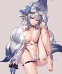  1girl absurdres ahoge animal_ears arm_support ass aviator_sunglasses azur_lane barcode barcode_tattoo barefoot bikini blue_nails bracelet breast_press breasts brown_background cleavage commentary_request criss-cross_halter earrings eyewear_on_head feet fox_ears fox_mask fox_tail full_body groin hair_between_eyes halterneck head_tilt heart highleg highleg_bikini highres jewelry l.j. large_breasts long_braid long_hair looking_at_viewer mask mask_on_head multiple_tails navel red_eyes silver_hair simple_background sitting skindentation sunglasses swimsuit symbol- tail tattoo thigh_strap thighs toenail_polish tosa_(azur_lane) tosa_(hometown_zest)_(azur_lane) two-tone_bikini very_long_hair 