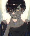  1boy :p bangs black_hair black_nails collarbone finger_licking glowing glowing_eyes hair_over_one_eye highres licking looking_at_viewer male_focus multicolored_hair nail_polish original patch scar solo tongue tongue_out upper_body yellow_eyes zumi_(neronero126) 