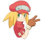  1girl blonde_hair cabbie_hat closed_mouth gloves green_eyes hat jacket long_hair looking_at_viewer muu_(mumumer) red_jacket rockman rockman_dash rockman_dash_3 roll_caskett simple_background smile solo v white_background 