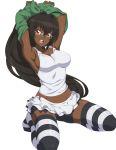  1girl absurdres arms_behind_head arms_up artist_name bike_shorts black_hair black_legwear blush breasts chuunioniika cleavage commission dark_skin eyebrows_visible_through_hair highres large_breasts long_hair looking_at_viewer open_mouth original red_eyes seiza sitting skirt smile solo striped striped_legwear tank_top thighhighs transparent_background twitter_username undressing upper_teeth very_long_hair white_legwear white_skirt 