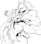  2009 annoyed anthro big_butt black_and_white black_eyes breasts butt canid canine canis capcom claws darkstalkers demon duo eyebrows fangs female fluffy fur hair inner_ear_fluff looking_down looking_up male mammal monochrome morrigan_aensland muscular muscular_male open_mouth side_boob simple_background tongue traditional_media_(artwork) tuft video_games were werecanid werecanine werewolf white_background wings wolf zillford 