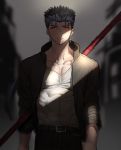  1boy belt belt_buckle black_belt black_cardigan black_pants blue_hair blurry blurry_background buckle cardigan closed_mouth collarbone cu_chulainn_(fate)_(all) earrings fate/stay_night fate_(series) floating_hair gae_bolg grey_background highres jewelry kmk lancer long_hair long_sleeves looking_at_viewer male_focus open_cardigan open_clothes pants ponytail red_eyes shirt solo spiked_hair very_long_hair white_shirt 