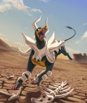  blue_sky cloud cloudy_sky commentary creature desert english_commentary fangs full_body gen_2_pokemon highres houndoom mega_houndoom mega_pokemon no_humans open_mouth outdoors pinkgermy pokemon pokemon_(creature) sand shadow sky solo tongue tongue_out 