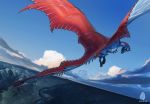  2020 absurd_res allagar ambiguous_gender blue_body canyon claws cloud day detailed_background digital_media_(artwork) dragon feral flying hi_res horn looking_back mountain outside red_body sky solo spiked_tail spikes spread_wings spreading sunny wings wyvern 