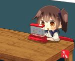  1girl artist_name brown_eyes brown_hair chair commentary_request japanese_clothes kaga_(kantai_collection) kantai_collection long_hair playing_games side_ponytail sitting solo table taisa_(kari) tasuki toy triangle_mouth upper_body 