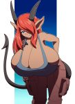  bent_over big_breasts blue_eyes breasts cleavage clothed clothing dark_skin demon demon_humanoid female hair hair_over_eye hi_res huge_breasts humanoid hyper hyper_breasts kojiro-brushard one_eye_obstructed red_hair solo 