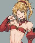  1girl ;d absurdres blonde_hair bra breasts choker cleavage collarbone detached_sleeves eyebrows_visible_through_hair fang fate/apocrypha fate_(series) green_eyes grey_background hair_intakes hair_ornament hair_scrunchie high_ponytail highres kmk long_hair long_sleeves mordred_(fate) mordred_(fate)_(all) navel one_eye_closed open_mouth red_bra red_scrunchie red_sleeves scrunchie shiny shiny_hair sideboob simple_background small_breasts smile solo strapless strapless_bra underboob underwear upper_body 