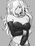  1girl android_21 bare_shoulders blue_eyes bracelet breasts choker cleavage collarbone detached_sleeves dragon_ball dragon_ball_fighterz earrings grey_background greyscale hair_over_one_eye hoop_earrings jewelry kemachiku long_hair looking_at_viewer majin_android_21 medium_breasts midriff monochrome navel simple_background solo 