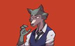  5_fingers anthro beastars canid canine canis cheek_tuft claws clothed clothing facial_tuft fingers fur grey_body grey_fur hi_res legoshi_(beastars) looking_at_viewer male mammal multicolored_body multicolored_fur necktie rygel_spkb simple_background solo tuft two_tone_body two_tone_fur wolf 