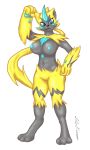  absurd_res alpha_channel anthro big_breasts blue_eyes breasts digital_media_(artwork) fan_character felid female fur fuzzy genitals hi_res high_rez legendary_pok&eacute;mon looking_at_viewer mammal nintendo nipples nude pok&eacute;mon pok&eacute;mon_(species) pussy shin_kerron smile solo video_games yellow_body yellow_fur zeraora 