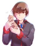  1boy 1other blue_neckwear brown_hair cat commentary_request highres little_busters! long_sleeves male_focus misaki_juri natsume_kyousuke necktie red_eyes school_uniform short_hair simple_background smile white_background 