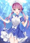  1girl :d absurdres anchor anchor_symbol bangs blue_bow blue_dress blue_nails blue_ribbon blurry blurry_background blush bow commentary_request day depth_of_field dress eyebrows_visible_through_hair frilled_dress frills fuyuki030 hair_ribbon highres hololive long_hair looking_at_viewer maid_headdress minato_aqua multicolored_hair nail_polish open_mouth outdoors puffy_short_sleeves puffy_sleeves purple_eyes purple_hair ribbon short_sleeves smile solo sunlight twintails two-tone_hair underwater very_long_hair virtual_youtuber white_bow wrist_cuffs 