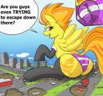  anal anus_outline chest_tuft city clothing destruction english_text equid equine female feral friendship_is_magic legwear macro mammal my_little_pony nignogs panties pegasus sitting spitfire_(mlp) text thigh_highs tuft underwear wings wonderbolts_(mlp) 