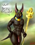  2020 4_fingers abs anthro anubian_jackal anubis biceps big_ears biped black_body black_nose black_skin black_text blonde_eyebrows canid canine canis clothing deity dialogue digital_drawing_(artwork) digital_media_(artwork) egyptian_clothing egyptian_mythology english_text eyebrows facial_markings fingers front_view genitals glans green_background half-closed_eyes half-erect hand_on_hip head_markings hi_res holding_object humanoid_genitalia humanoid_penis inner_ear_fluff jackal male mammal markings middle_eastern_mythology mostly_nude muscular muscular_male mythology narrowed_eyes navel pecs penis pink_glans pink_penis portrait red_text scepter shadowponi signature simple_background small_tail solo standing talking_to_viewer text three-quarter_portrait three-quarter_view tuft usekh vein veiny_penis yellow_markings 