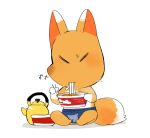  animal_crossing anthro apron canid canine clothing crazy_redd eating food fox hyaku_(artist) japanese_text kettle male mammal nintendo noodles simple_background sitting text udon video_games 