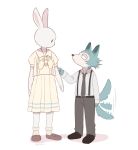 2020 4529_ns anthro beastars canid canine canis clothed clothing duo eye_contact footwear fully_clothed fur grey_body grey_fur haru_(beastars) hi_res lagomorph legoshi_(beastars) leporid looking_at_another mammal rabbit shoes simple_background size_difference standing tailwag white_background white_body white_fur wolf 