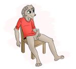  absurd_res anthro balls blue_eyes bovid caprine chair circumcised clothing elkaatou erection fur furniture genitals goat hi_res horn koba_mokalo male mammal penis shirt sitting smile solo topwear 