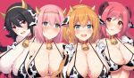  4girls after_paizuri ahoge animal_ears animal_print bangs bare_shoulders bell bell_collar bikini bikini_top black_hair blue_eyes blush braid breasts cleavage closed_mouth collar collarbone cow_bell cow_ears cow_horns cow_print cum cum_on_body cum_on_breasts cum_on_upper_body curled_horns demon_horns demon_tail elbow_gloves fang gloves hair_between_eyes hairband hasekura_io heavy_breathing horns horosuke_(toot08) ilya_ornstein kusano_yui large_breasts long_hair looking_at_viewer looking_to_the_side multiple_girls open_mouth orange_hair pale_skin parted_lips pecorine pink_background pink_eyes pink_hair princess_connect! princess_connect!_re:dive print_bikini red_eyes short_hair side_braid simple_background slit_pupils smile swimsuit tail 