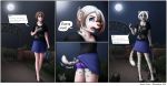  2019 absurd_res anthro bag black_body black_clothing black_fur black_shirt black_spots black_topwear blue_bottomwear blue_clothing blue_eyes blue_skirt bottomwear breasts brown_hair cleavage clothed clothing comic detailed_background dialogue domestic_cat english_text felid feline felis female floral_print full_moon fur gate hair hi_res holding_object human human_to_anthro light_skin mammal miltonholmes moon night outside pantherine park phone purple_clothing purple_underwear shirt skirt snow_leopard solo species_transformation speech_bubble spots standing text topwear torn_shoes transformation underwear walking were werefelid werepantherine white_body white_fur white_hair 