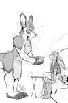  2020 2:3 anthro apron bedding blanket bottomless bowl claws clothed clothing duo eyes_closed furniture hi_res kangaroo lagomorph leporid looking_at_another macropod male mammal marsupial monochrome open_mouth paris_(pit_fighters) pit_fighters rabbit rick_griffin smile sofa steam sultan_(pit_fighters) tv_tray 