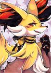  ambiguous_gender anthro bow canid canine claws delphox fangs fur inner_ear_fluff mammal nintendo paws pok&eacute;mon pok&eacute;mon_(species) signature solo sparkles traditional_media_(artwork) tuft video_games xxmioxx yellow_body yellow_fur 