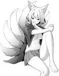  1girl animal_ears azur_lane blush breasts character_request fox_ears fox_tail greyscale hand_to_own_mouth highres hori_(hori_no_su) invisible_chair kaga_(azur_lane) large_breasts monochrome multiple_tails navel open_clothes short_hair sitting skirt_grab solo tail white_background 