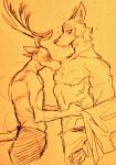  2020 anthro antlers athletic beastars biceps blush bodily_fluids bottomwear canid canine canis cervid clothed clothing duo fur horn kissing legoshi_(beastars) louis_(beastars) male male/male mammal muscular musk pants pecs steam sweat topless traditional_media_(artwork) undressing wolf wuffinarts 