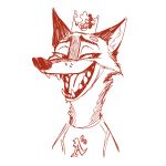  1:1 2020 anthro canid canine cheek_tuft clothed clothing facial_tuft fangs fox fur half-closed_eyes hat headgear headwear hi_res mammal monochrome narrowed_eyes neck_tuft open_mouth open_smile reaction_image samur_shalem shirt simple_background sketch smile solo teeth topwear tuft white_background 