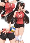  1girl absurdres armpits ass ball bare_shoulders black_shorts breasts breath elbow_pads eyebrows_visible_through_hair highres holding holding_ball horns knee_pads large_breasts long_hair looking_at_viewer number oni oni_horns origamine_ouka original red_shirt shirt shorts sportswear sweat takunomi v volleyball 