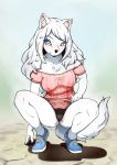  2020 5_fingers anthro black_nose blue_eyes blush breasts canid canine canis chest_tuft clothing crouching domestic_dog dress eyelashes female fingers fluffy fluffy_tail footwear front_view fur hair hi_res inner_ear_fluff j7w kemono lacy_panties long_hair looking_at_viewer mammal nipple_outline outside shoes solo tuft underwear white_body white_fur white_hair 