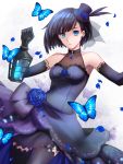  1girl absurdres black_feathers black_gloves black_hair black_headwear black_legwear blue_butterfly blue_dress blue_eyes blue_flower blue_rose breasts bug butterfly collarbone dress earrings elbow_gloves flower gloves hat hat_feather hat_flower highres holding_lantern insect jewelry kankitsurui_(house_of_citrus) lantern layered_dress looking_at_viewer medium_breasts mole mole_under_eye original parted_lips rose shiny shiny_hair short_dress short_hair simple_background sleeveless sleeveless_dress solo thighhighs white_background zettai_ryouiki 