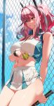  1girl arms_behind_back azur_lane ball bangs bare_shoulders blue_sky breath bremerton_(azur_lane) bremerton_(scorching-hot_training)_(azur_lane) chain-link_fence cloud collared_shirt commentary cowboy_shot crop_top crop_top_overhang eyebrows_visible_through_hair fence hair_between_eyes hair_ornament headgear heart heart_necklace highres holding holding_ball holding_racket jewelry leaning_back long_hair midriff multicolored_hair navel necklace open_mouth racket red_hair shirt skirt skirt_lift sky sleeveless sleeveless_shirt sportswear streaked_hair sweat tennis_ball tennis_racket tennis_uniform thick_thighs thighs twintails two-tone_shirt two-tone_skirt wristband x_hair_ornament yang-do 