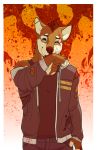  anthro blood bodily_fluids bottomwear canid canine clothed clothing cut_(disambiguation) digital_media_(artwork) fur hair heterochromia hi_res jacket jeans khuraji male mammal nosebleed pants simple_background smile solo teeth topwear torn_clothing 