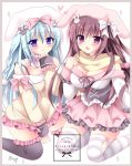  1girl :d animal_ears animal_hat bangs bare_shoulders black_legwear blue_hair blush border bow braid breasts brown_dress brown_hair brown_scarf bunny_ears bunny_hair_ornament bunny_hat cleavage closed_mouth commentary_request dress eyebrows_visible_through_hair fake_animal_ears feet_out_of_frame frilled_legwear frilled_skirt frills grey_border hair_between_eyes hair_bow hair_ornament hand_up hat heart kirishima_riona kneeling long_hair long_sleeves medium_breasts off-shoulder_dress off_shoulder open_mouth original pink_bow pink_headwear pink_skirt pleated_skirt purple_eyes red_eyes scarf shirt skirt sleeves_past_wrists smile solo sparkle striped striped_bow striped_legwear thighhighs underbust very_long_hair white_bow white_headwear white_shirt 