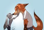  2020 anthro black_nose blue_background boop canid canine clothed clothing disney duo ears_down eyes_closed female fox fully_clothed fur grey_body grey_fur judy_hopps lagomorph leporid male mammal nick_wilde orange_body orange_fur pivoted_ears rabbit red_fox shirt signature simple_background t-shirt topwear totino-s zootopia 