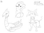  4:3 anthro baku black_and_white bow braixen butt female feral group gun hi_res male mimikyu monochrome nintendo pok&eacute;mon pok&eacute;mon_(species) ranged_weapon skarmory sketch smoking_gun video_games weapon 