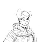  1_eye anthro black_and_white cat_knight clothed clothing domestic_cat felid feline felis female fur hair hladilnik looking_at_viewer mammal monochrome portrait reaction_image scar simple_background solo topwear white_background 