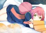  1girl aries_spring aties20 bangs bed_sheet blue_dress brown_eyes commentary_request covered_mouth dress eyebrows_visible_through_hair hair_between_eyes hair_ornament indoors kanata_no_astra looking_at_viewer lying night on_side pillow pink_hair short_sleeves solo window 