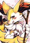  &lt;3 ambiguous_gender anthro biped blush bow braixen canid canine claws fangs fur holding_object inner_ear_fluff mammal nintendo open_mouth pawpads paws pok&eacute;mon pok&eacute;mon_(species) signature solo stick traditional_media_(artwork) tuft video_games xxmioxx yellow_body yellow_fur 