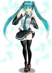  1girl absurdres aqua_eyes aqua_hair ass_visible_through_thighs between_breasts breasts detached_sleeves fingerless_gloves gloves hair_between_eyes hand_on_own_head hatsune_miku headset highres hinata_natsumikan large_breasts musical_note necktie necktie_between_breasts outstretched_arm smile solo tattoo thighhighs thighs twintails vest vocaloid zettai_ryouiki 