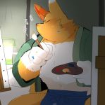  animal_crossing anthro apron brush canid canine clothing crazy_redd fox hyaku_(artist) japanese_text lantern male mammal muscular muscular_male nintendo paint paintbrush painting palette pecs text video_games 