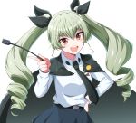 1girl anchovy_(girls_und_panzer) anzio_school_uniform bangs black_cape black_neckwear black_ribbon cape commentary dress_shirt drill_hair emblem eyebrows_visible_through_hair girls_und_panzer green_hair hair_ribbon highres holding long_hair long_sleeves looking_at_viewer nakaba_neteru necktie open_mouth pleated_skirt red_eyes ribbon riding_crop school_uniform shirt simple_background skirt smile solo standing twin_drills twintails white_background white_shirt 