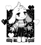  &lt;3 2019 5_fingers anthro asriel_dreemurr black_and_white bottomwear bovid caprine clothed clothing english_text fingers fur goat head_tuft looking_at_viewer male mammal monochrome otoe4 pants pattern_clothing pixels shaded simple_background smile solo sparkles sparkling_eyes striped_clothing striped_sweater stripes sweater text toony topwear tuft undertale video_games white_body white_fur 