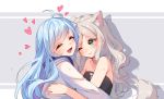  2girls :d ;) ^_^ ahoge animal_ear_fluff animal_ears artist_name bangs bare_arms bare_shoulders black_dress blue_hair blush closed_eyes collarbone commentary commission dress english_commentary eyebrows_visible_through_hair green_eyes grey_background grey_hair heart hood hood_down hoodie hug hyanna-natsu long_hair multiple_girls one_eye_closed open_mouth original parted_bangs smile strapless strapless_dress tail two-tone_background very_long_hair white_background white_hoodie 