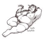  5_fingers 5_toes ahoge_(artist) beard belly body_hair bulge chest_hair digital_media_(artwork) facial_hair fingers fur hair holding_tail horn lying male monochrome moobs nipples on_back overweight overweight_male piercing pubes simple_background sketch smile solo teeth toes white_background 