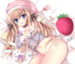  1girl :d ass bangs bare_shoulders bed_sheet black_bow black_choker blue_eyes blush bow bow_panties candy candy_wrapper choker commentary_request eyebrows_visible_through_hair food frilled_pillow frills grey_shirt hair_between_eyes hat heart kirishima_riona light_brown_hair lollipop long_hair long_sleeves lying navel nightcap off_shoulder on_side open_mouth original panties pillow pink_bow pink_headwear shirt side-tie_panties sleeves_past_wrists smile solo striped striped_bow stuffed_animal stuffed_bunny stuffed_toy swirl_lollipop underwear very_long_hair white_panties 